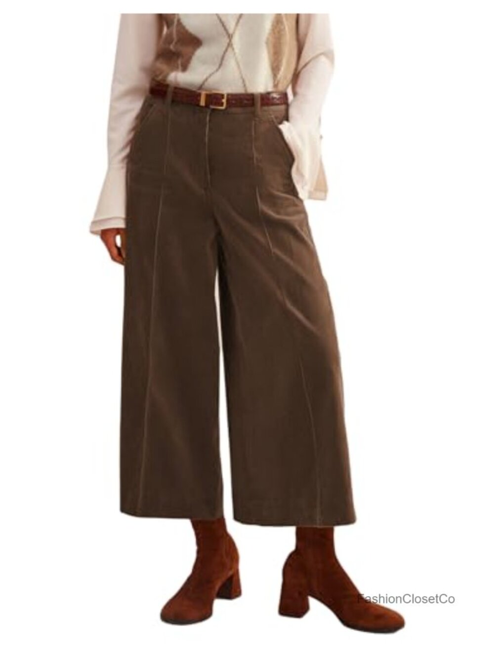 High Waisted Wide Leg Corduroy Pants Loose Ankle Length Trousers